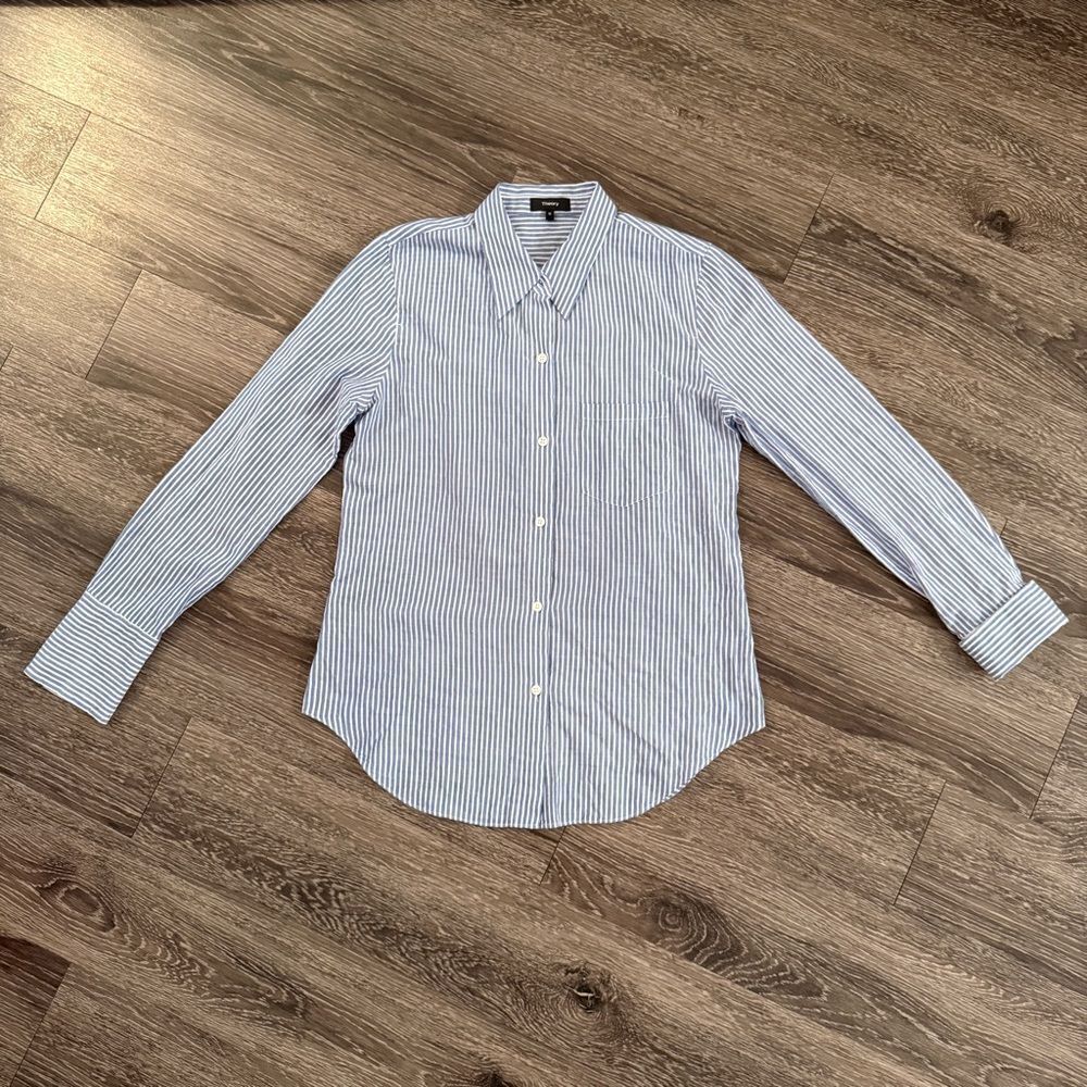 Theory Blue and White Stripe Button Up